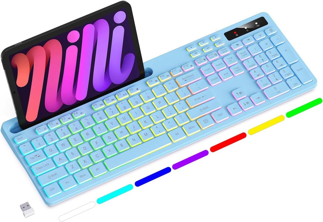 Soueto Wireless Keyboard with RGB Backlit, Phone Tablet Holder for Mac/PC