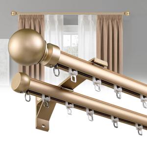 Double Curtain Rods for Windows, Heavy Duty Dual Rod Wall Mount Track Slilent Aluminum Alloy Brackets with Decorative Round Finials Rail for Bedroom/Living Room/Window/Hotel (Golden,4.3m(14.1ft))