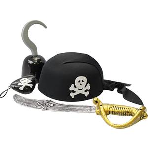 Funny Party Hats Pirate Accessories for Kids - Costume Accessory Set for Children (4 Piece Pirate Dress Up Play Set W/Hat Hook Sword and Patch)