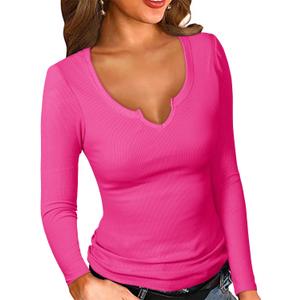 PALINDA Women Fitted Long Sleeve Shirts Ribbed Notch V Neck T Shirts Layering Tee Tops (Pink, S)