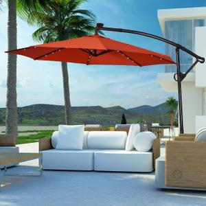 10FT Patio Offset Umbrella Solar Powered LED 360degrees Rotation Aluminum Orange
