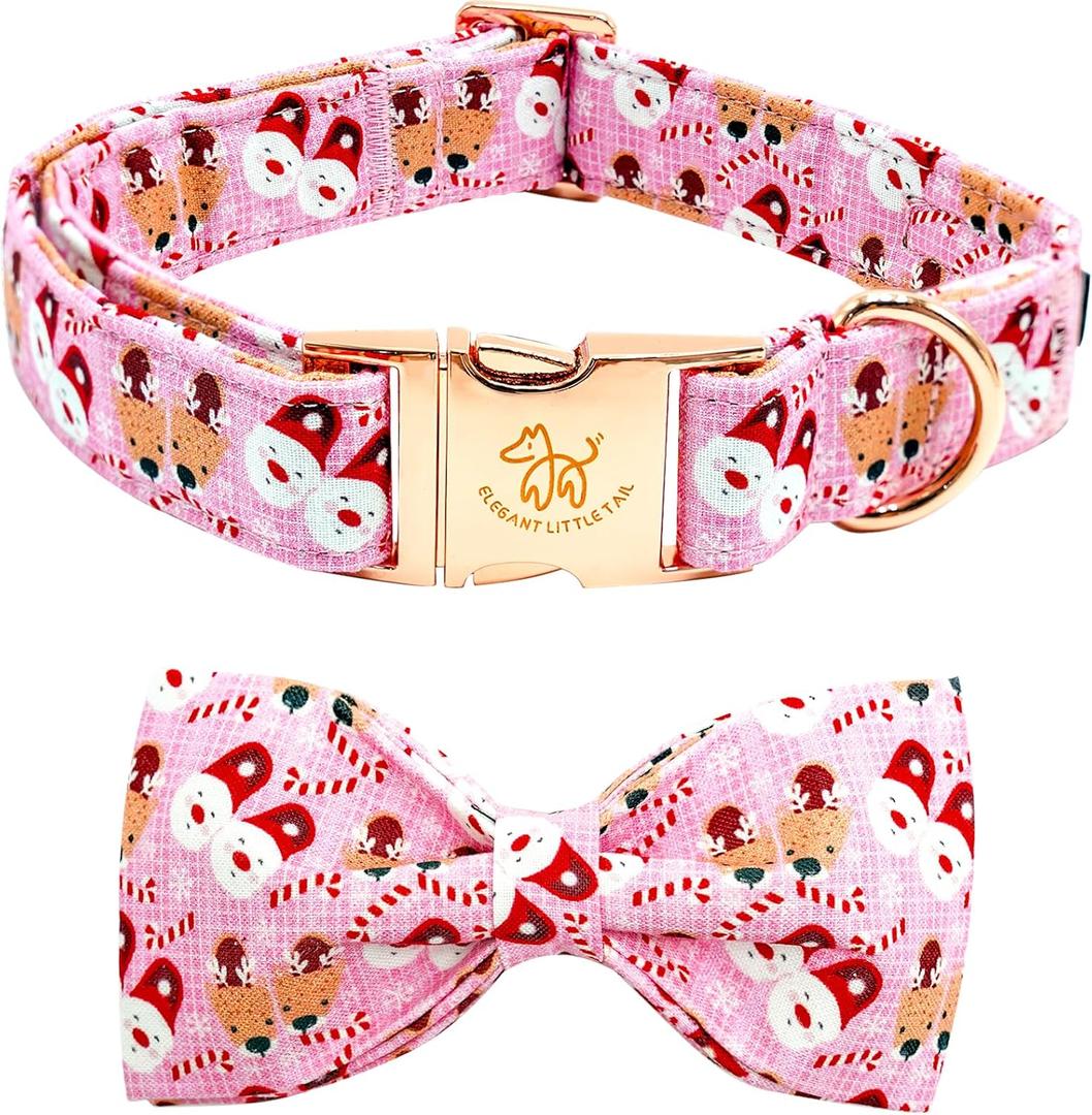 Elegant little tail Christmas Dog Collar, Christmas Deer Print Pet Collar Dogs Holiday Collars with Bow Pink Cute Winter Girl Puppy Bow Adjustable Pet Collars for Large Dogs (Large (Pack of 1))