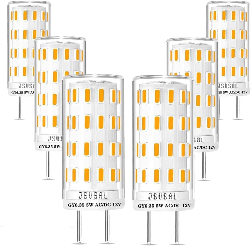 GY6.35 LED Bulb Dimmable,T4 JC Type GY6.35/G6.35 Bi-pin Base,AC/DC 12V Warm White 2700K 5W Equivalent to 40-50W Halogen Bulb for Pendant Light,Chandelier,Desk Light,Landscape Lighting,6-Pack