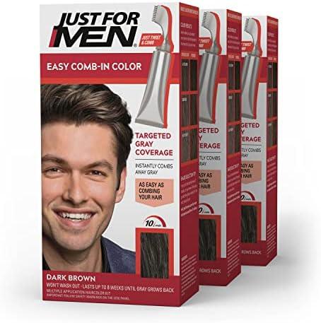 Just For Men Easy Comb-In Color Mens Hair Dye, Easy No Mix Application with Comb Applicator - Dark Brown, A-45, Pack of 3