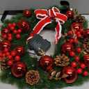 Christmas Wreath 16 Inch Green Artificial Front Door Wreath with Pine Cones Berries Balls LED Fairy Light Decorations for Fireplace Outdoor Indoor Party Wall Home Decor (Red)