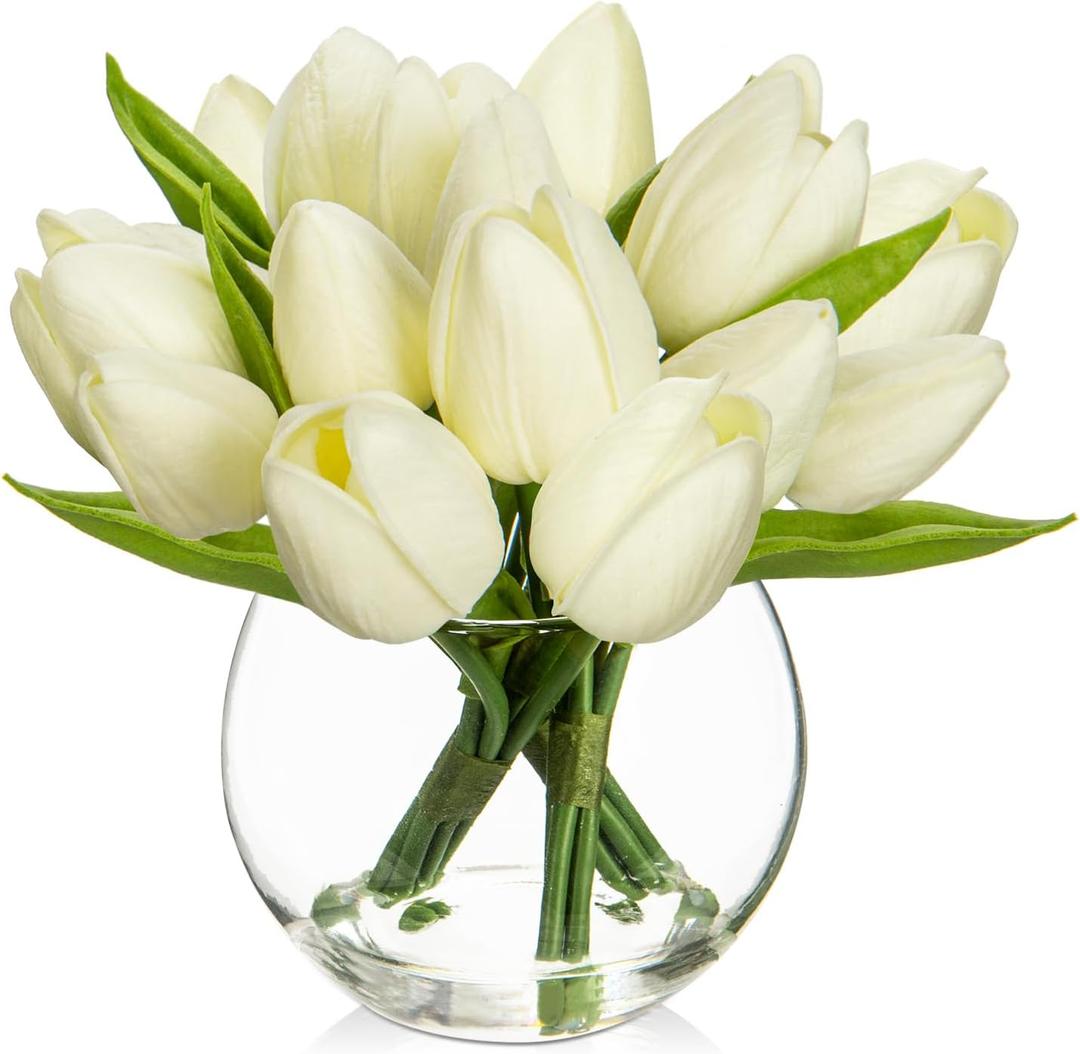 DILATATA Artificial White Tulips in Vase with Faux Water 6" Real Touch Flowers Fake Tulips Small Flowers Arrangement in Round Glass Vase for Mother's Day Table Centerpiece Wedding Home Decor