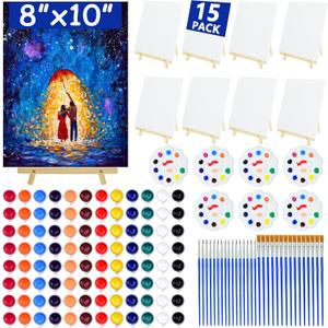 15Pack 8x10 Inch Canvas and Easel Set, Sip and Paint Kit for Adults,Art Canvas Bulk with Easels Stands, Trays,Small Paint Brushes,12 Colors Mini Acrylic Paint Set for Couples,Kids and Party Supplies