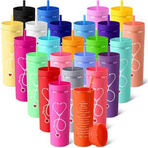 Skylety Nurse Gifts for Women Plastic Skinny Tumblers with Lid Straw Bulk 16 oz Matte Colorful Double Wall Tumblers Nursing Appreciation Gift for CNA Week Graduation School Office(24 Colors,24 Pcs)