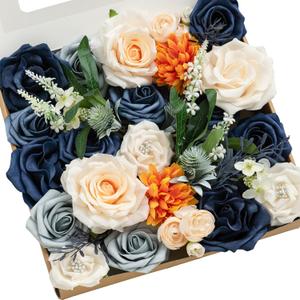 Ling's Moment Fake Flowers Box, Faux Artificial Greenery Stems Foam Roses Silk Ranunculus Fabic Flower for Centerpieces Bouquet Wedding Table Floral Vase Bridal Shower Party, Navy & Cream, Grand Combo