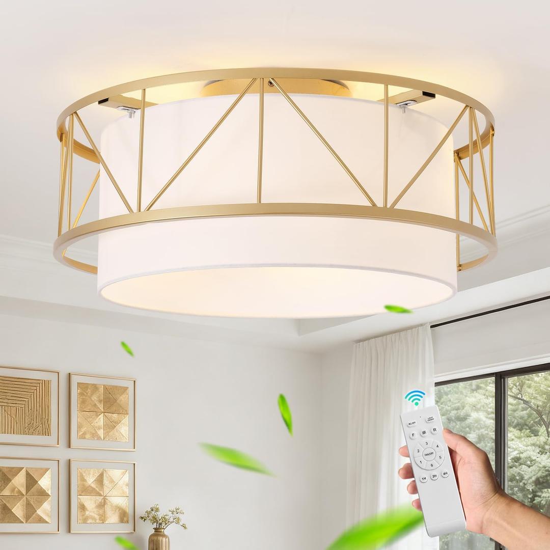 Gold Caged Ceiling Fan with Light, 20" Flush Mount Boho Ceiling Fans with Lights Remote Control, Low Profile Fandelier Fabric with 6 Speeds for Bedroom,Nursery,Living Room