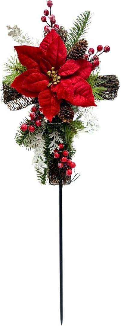 Svndlyn Christmas Cross Stake Poinsettia Metal Cross with Pine Cones Pine Needles Red Poinsettia and Berries for Christmas Holiday Party Home Garden Lawn Walkway