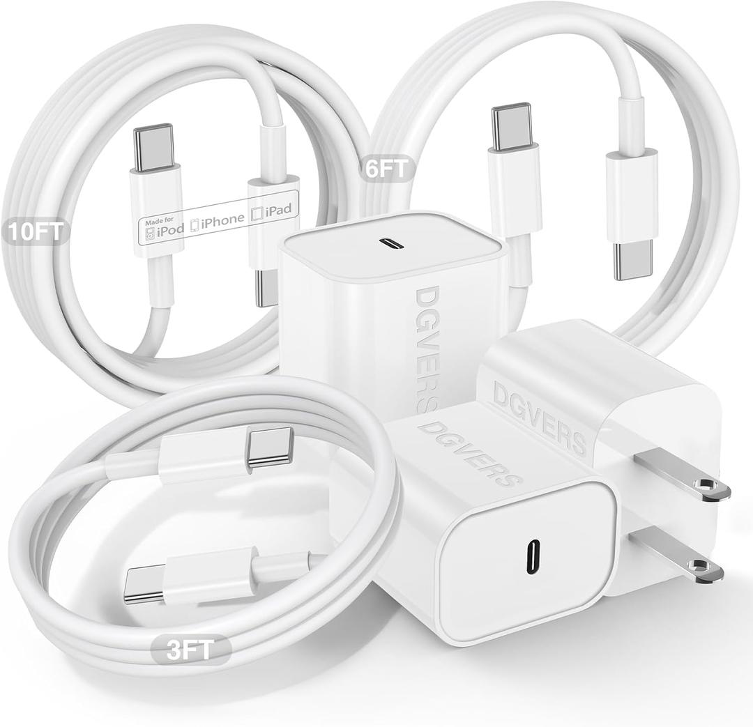 Fast Charger for iPhone 17 16 15 Charger Fast Charging 3Pack, 3+6+10ft USBC to USBC Cable Cord &20W Type C Block for iPhone 17/17 Air/17 Pro Max/17 Pro/16 15 Pro Max/Pro/Plus,iPad Pro/Air/Mini (White)
