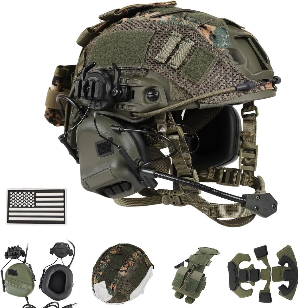 Tactical Helmet with Headset,4in1 Upgraded Adjustable with Helmet Cover for Airsoft Cosplay Military Tactical Gear (GREEN)