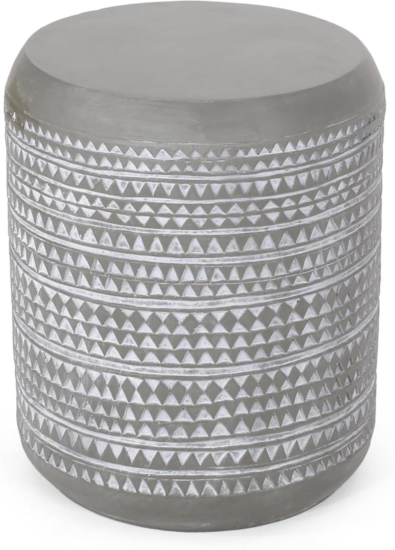 Benjara Outdoor End Table, 16 Inch Round Gray Faux Concrete w White Pattern