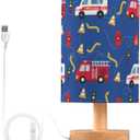 Fire Truck Lamp for Boys Room Cartoon LED Night Light with Non-Slip Base, USB Charging Soft Glow Ambulance Firefighter Blue Table Lamp for Kids Bedroom Nursery No Bulb Needed