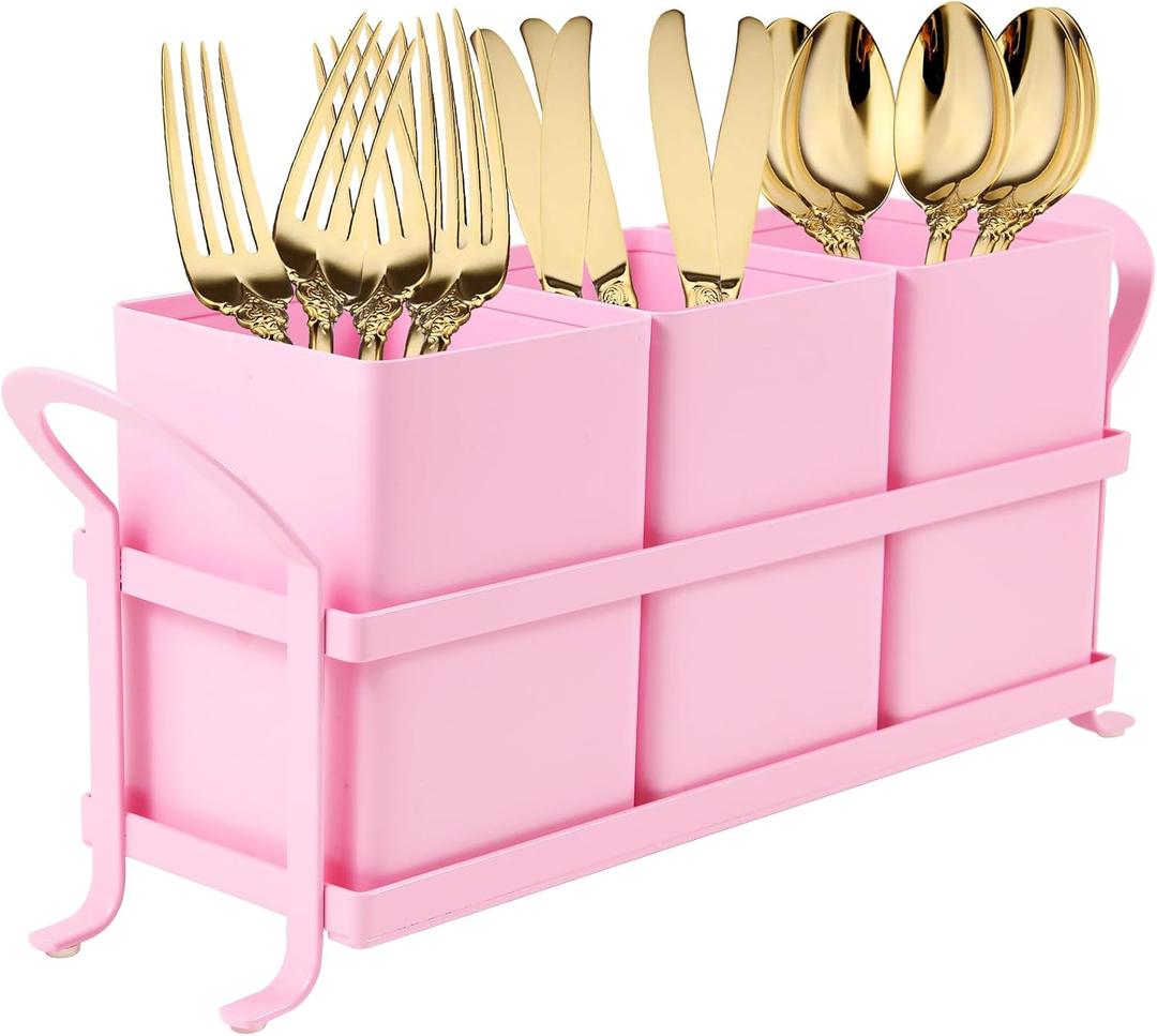 NelyBet Metal Silverware Caddy,3 Compartment Utensil Holder With Metal Rack,Utensil Caddy Flatware Cutlery Organizer for Countertop Party Picnic Camping Outdoor Pink