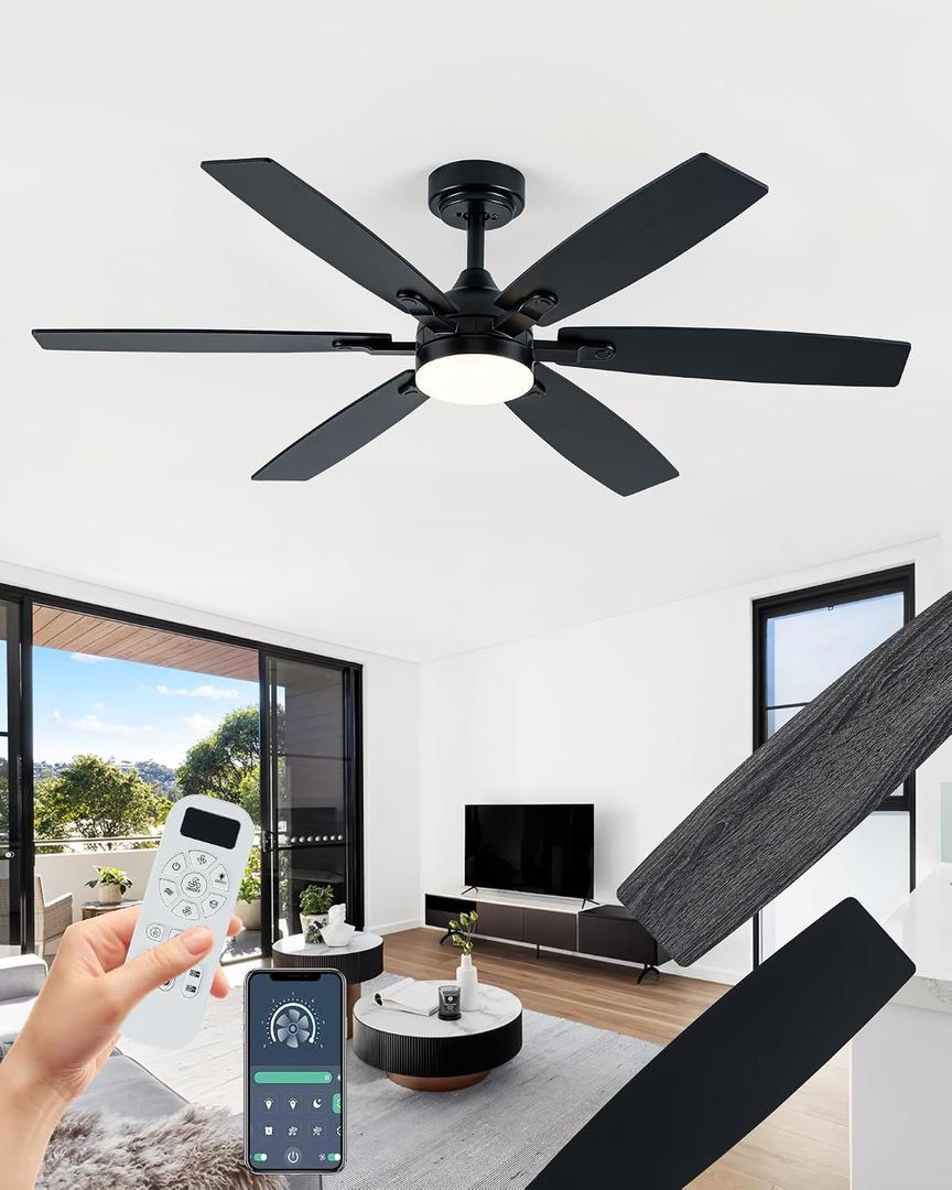Coolwind 52" Ceiling Fan with Light, Black 6 Double-Side Blades and App/Display Remote Control, 6 Speed Reversible DC Motor, 3CCT Dimmable Led Flush Mount Ceiling Fan for Bedroom Indoor/Outdoor Use