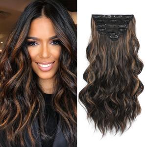 Highlight balayage dark brown Hairpieces, Natural & Blends Well Clip in Hair Extensions (16inch, 6pcs, Dark Roasted Coffee & Caramel Brown)