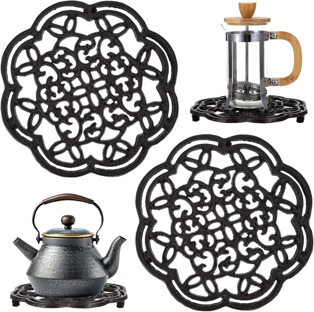 2 Cast Iron Trivets, Heavy Duty Round Metal Trivet, Heat Resistant for Hot Dish Pot Pan Plate Teapot, Cast Iron Hot Dish Plate Holder for Countertop, Dining Table, Kitchen
