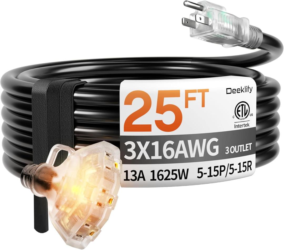 25 ft 16/3 Awg 3 Outlet Extension Cord Splitter with Indicator, Waterproof Outdoor Extension Cord with Multiple Outlets, 13A 1625W for Home & Workshop, ETL Listed, Black SJTW