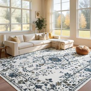 UKISS Washable Rugs 8'x10' Area Rugs for Living Room ，Ultra Silky Floral Rug for Bedroom, Vintage Indoor Floor Large Area Rug，Non Slip Low Pile Carpets for Home Office Blue