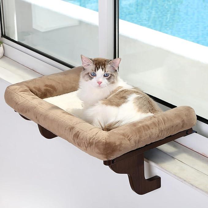 Zakkart Cat Perch for Window Sill with Bolster  Orthopedic Hammock Design with Premium Hardwood & Robust Metal Frame  Cat Window Seat for Large Cats and Kittens  Dark Stained Wood Brown Bed, 24''W