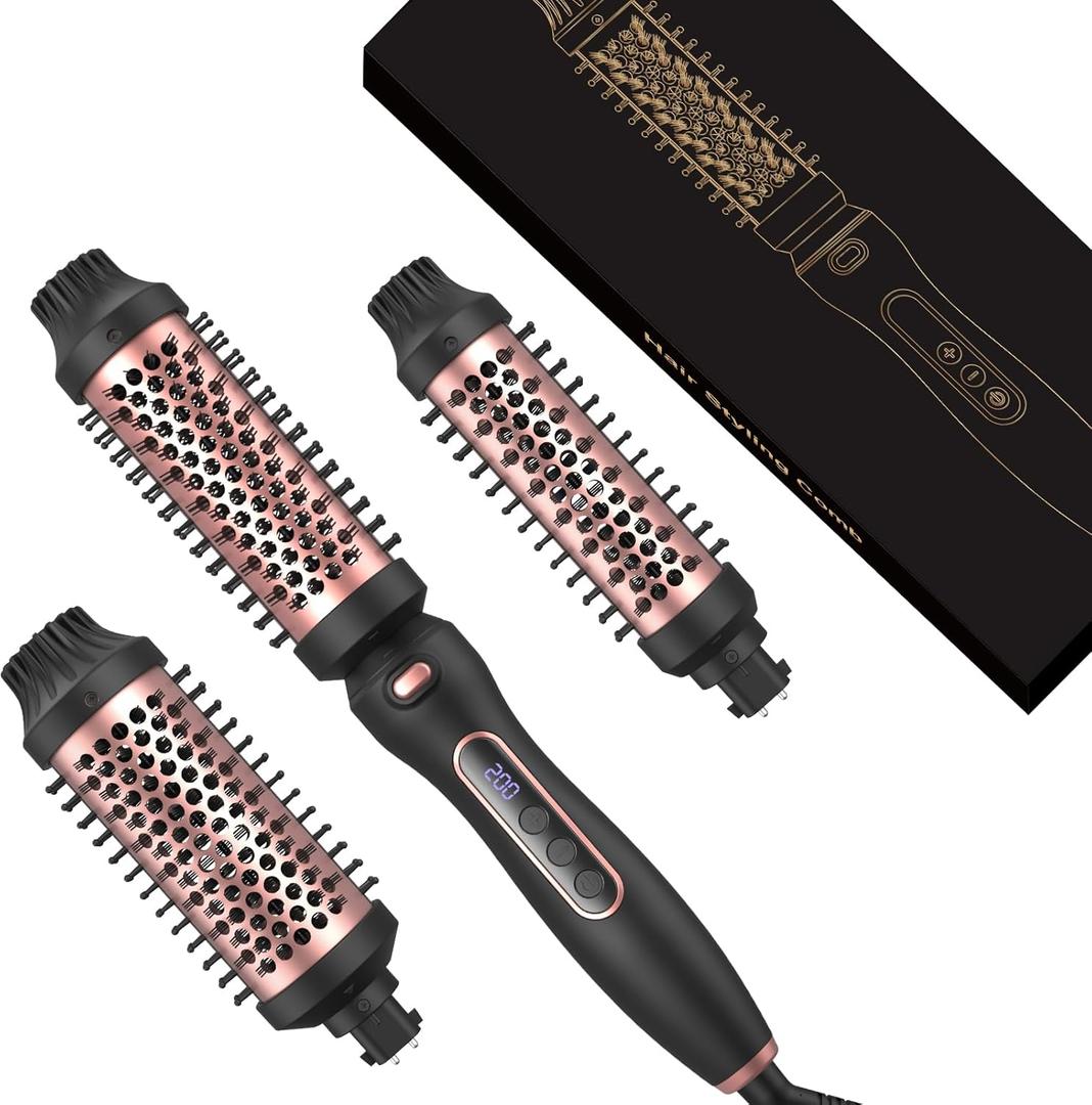 Thermal Brush Set 3-in-1 Curling Iron Brush Set, Dual Voltage 110-220V Thermal Hair Brush with 11 Temp Settings, 3 Interchangeable Travel Curling Irons (1.25, 1.5, & 1.75" Barrels) (Pink)