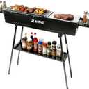 Charcoal Grill, Alloy Steel BBQ Barbecue Outdoor Grilling with Durable Support Frame and Dual Adjustable Vents for Tailgate Patio Beach Backyard(31.6x7.1x5.1 inch with Flat Grill Plate), Black