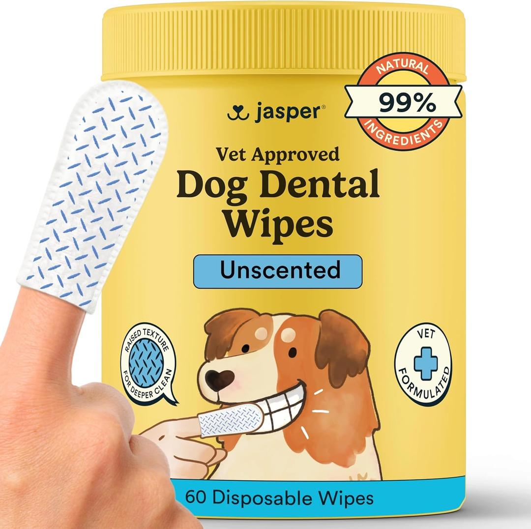 Jasper Dog Dental Wipes, Vet-Recommended All-Natural Finger Toothbrush Wipes for Dogs, Fresh Breath & Tartar Control in Seconds – No Brush and Toothpaste Needed, Unscented, 60 Count