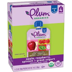 4 x Plum Organics Stage 2 Organic Baby Food - Apple, Raspberry, Spinach, and Greek Yogurt - 3.5 oz Pouch (Pack of 4) - Organic Fruit and Vegetable Baby Food Pouch (EXP 10/03/25)