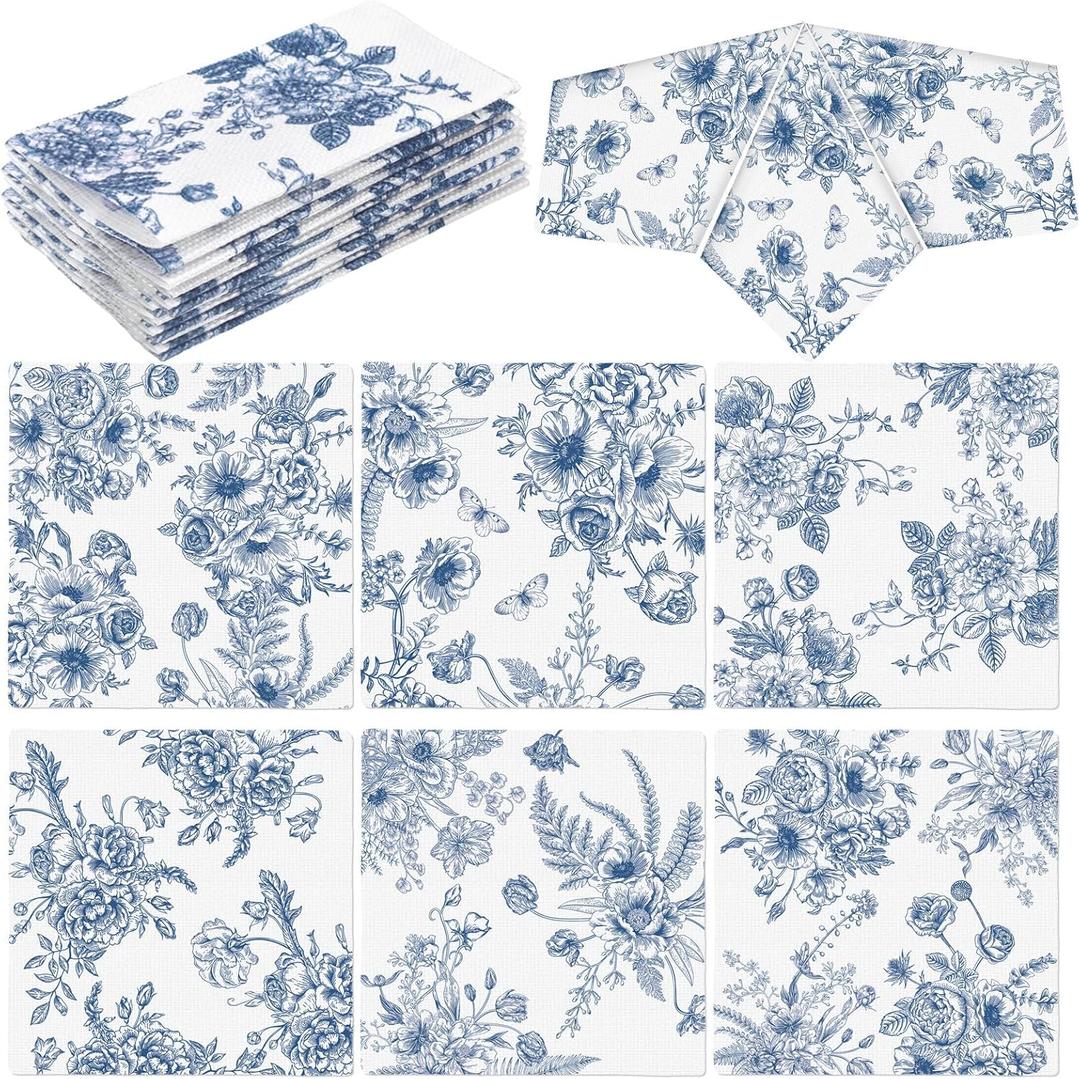Frienda 12 Pcs Blue Floral Cocktail Coaster 6'' x 6" Something Blue and White Reusable Fabric Coaster Washable Square Dinner Towel for Bridal Shower Bachelorette Party Decoration