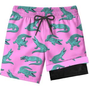 Boys Swim Trunks with Compression Liner for 7-16 Years,Quick-Dry Swim Shorts for Kids Teen,Sun Protection Swimming Trunks (Pink)