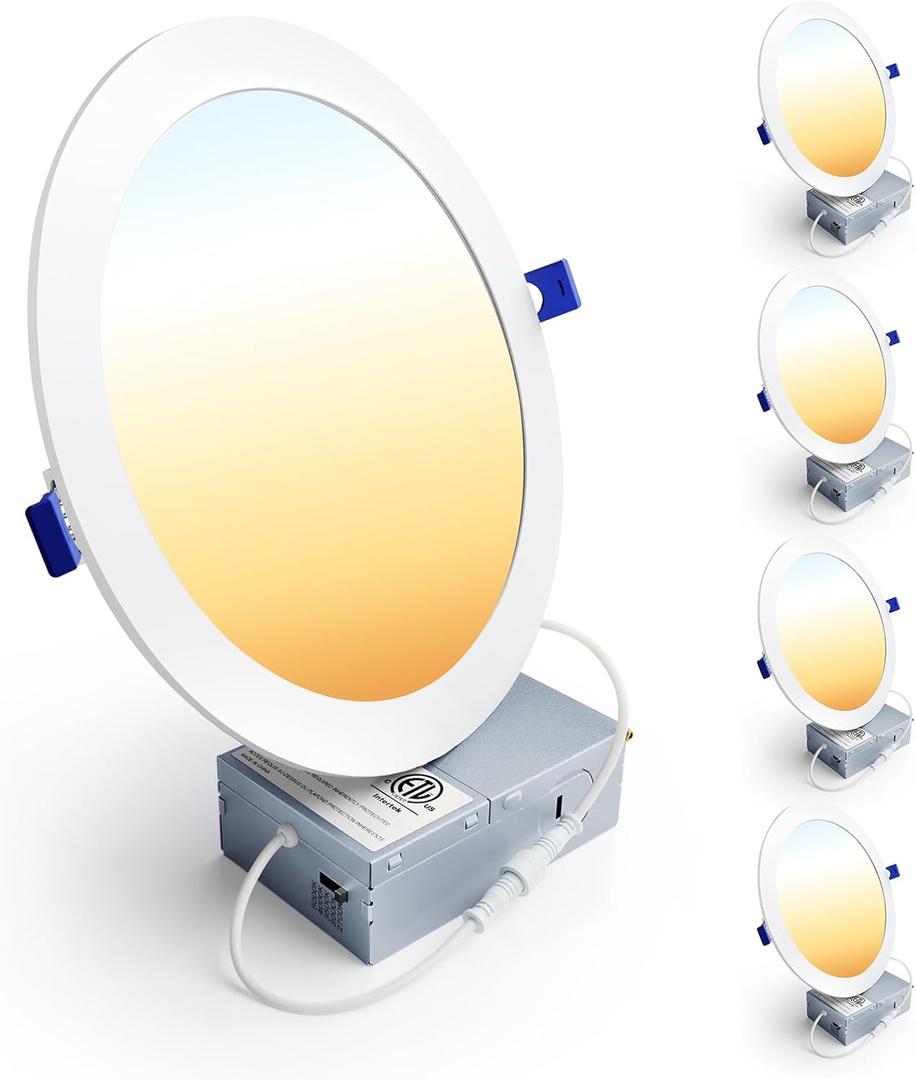 Ensenior 4 Pack 8 Inch LED Recessed Light, Dimmable, 2700K-5000K 5CCT, 1600LM High Brightness, 18W 120V, Damp Rated, Ultra-Thin Canless Wafer Light - ETL & FCC & IC