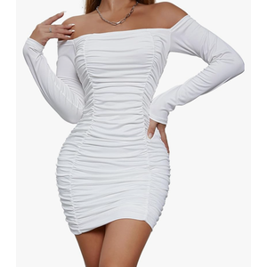 Ruched Off Shoulder Dress Party Wear Bandeau Bodycon Long Sleeve Dress Women's Clothing S