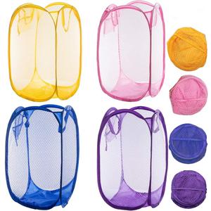 Qtopun Mesh Popup Laundry Hamper, 4 Pack Foldable Portable Dirty Clothes Basket for Bedroom, Kids Room, College Dormitory and Travel (Yellow,Pink, Purple,Dark Blue)