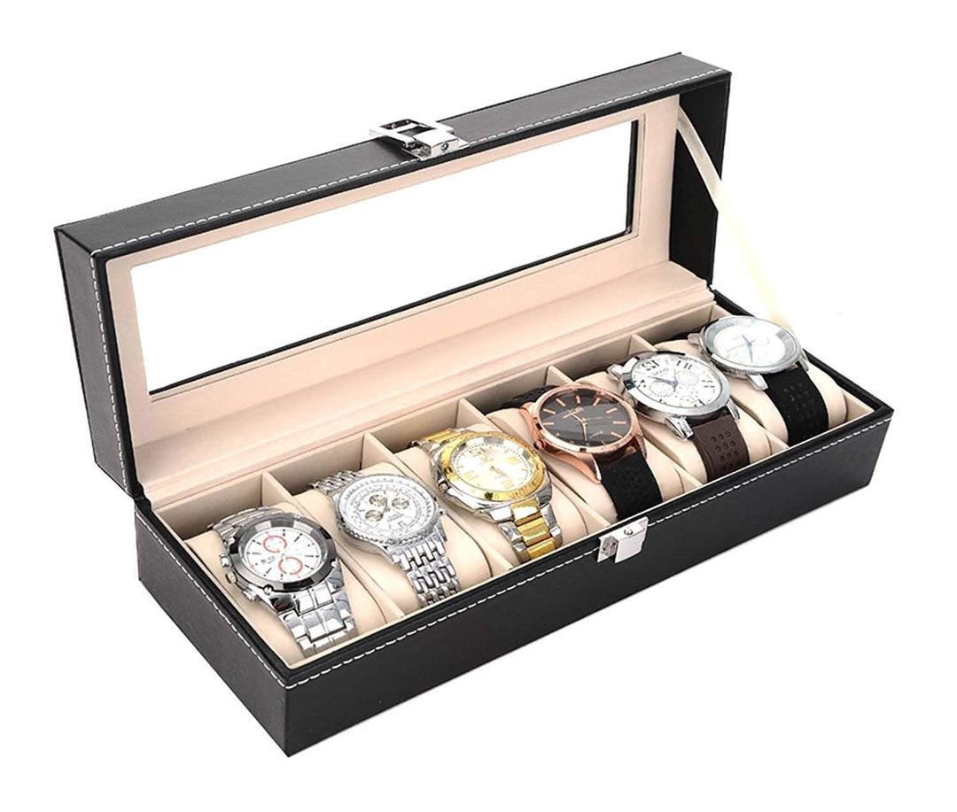 Home Essentials 
6 Slot Watch Storage Box for Men Women PU Leather Portable Watch Organizer Storage Box Case Holder Stand with Transparent Window, Watch Collection Box with Lock