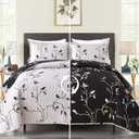 DJY Floral Quilt Set King Size 3 Piece Botanical Leaves White and Black Floral Bedding Set