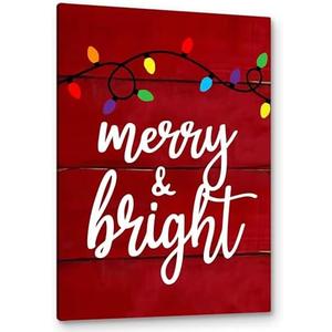 PHAMTE Merry And Bright Wall Art,Christmas Canvas Wall Art,Farmhouse Rustic Christmas Sign String Lights Red Festive Print Framed Canvas Painting Wall Art Home Room Bedroom Decor 16x24 Inch