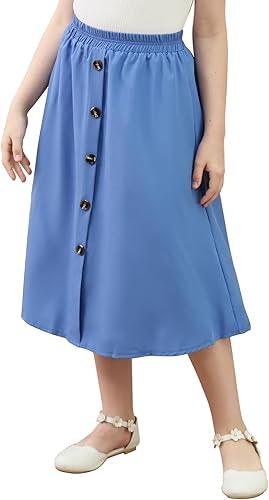 GORLYA Girls A-Line Elastic High Waist Pleated Swing Maxi Skirt with Pockets for 6Y