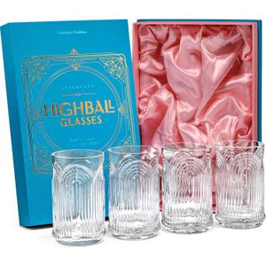 Vintage Art Deco 1920s Highball Cocktail Glasses | Set of 4 | 14 oz Tall Crystal Tumblers for Drinking Mojito, Whiskey Highball, Gin Rickey, Classic Long Bar Drinks | Large Hiball Glassware