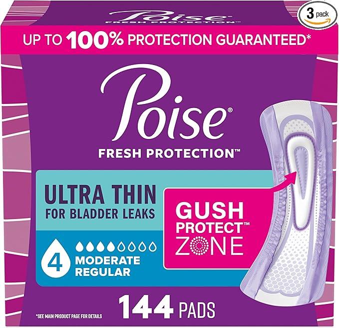 Poise Ultra Thin Incontinence & Postpartum Pads for Bladder Leaks, 4 Drop Moderate Absorbency, Regular Length, 144 Count