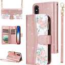 for iPhone Xs Max Floral Wallet Case with Flip Zipper Purse Wrist/Shoulder Strap Luxury Glitter Card Holder Stand Phone Cover for i X XR Xsmax 10x SX Xmax 10xs 10s 10 Plus Xmaxs Women Rose Gold