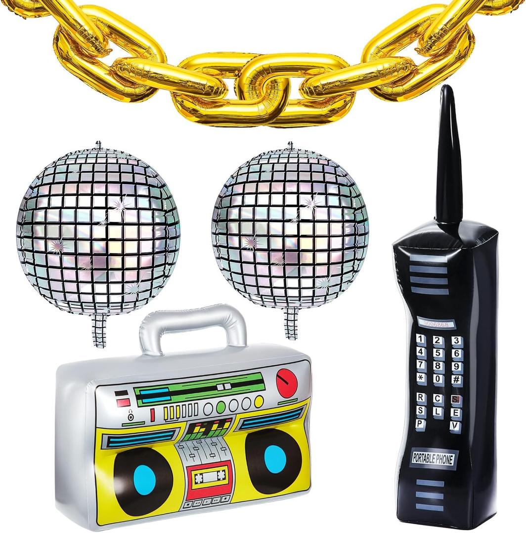 18 Pieces 80s 90s Party Decorations Rainbow Roller Skate Balloons Gold Chain Balloons Inflatable Boombox Radio Mobile Phone 4D Disco Ball Aluminum Film for Adult Hip Hop Themed Decor