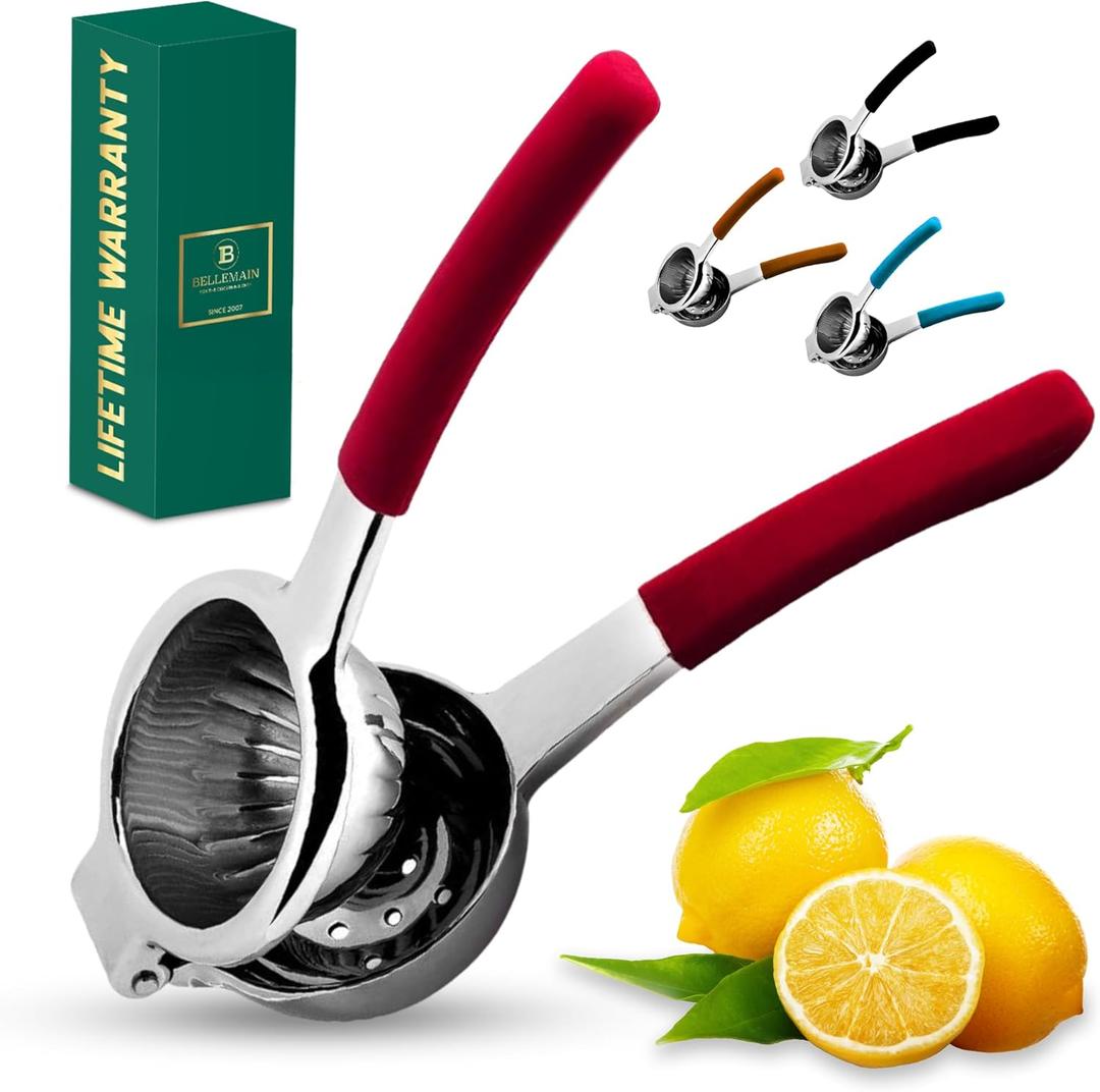 Bellemain Citrus Juicer | Metal Lemon Squeezer | Lime and Lemon Juicer Stainless Steel with Silicone Handles | Manual Juicer, Citrus Squeezer, Hand Held Juicer | Bar Juicer for Bartender Accessories (Red)