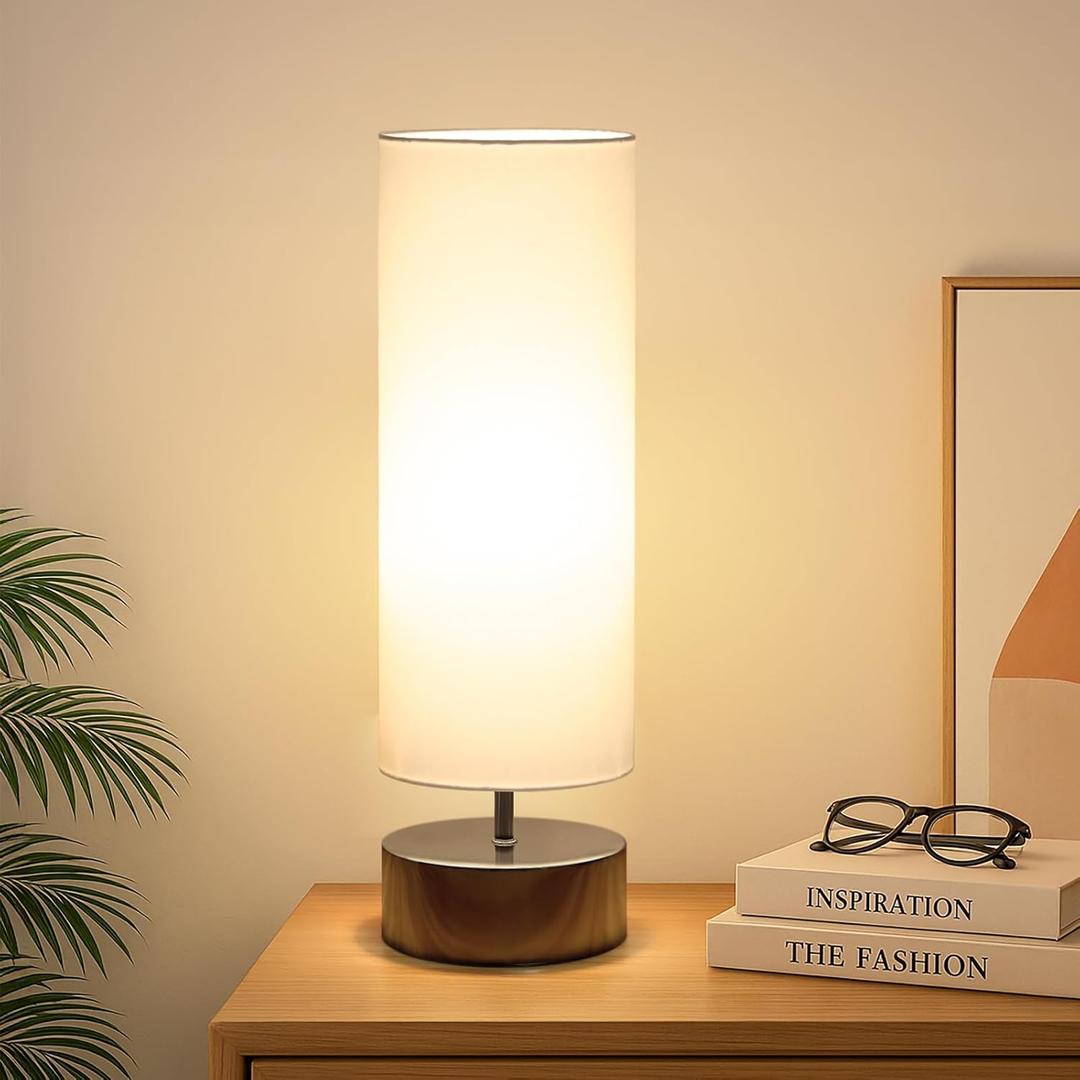 Touch Table Lamp, 3-Way Dimmable Modern Minimalist Accent Bedside Lamp with Cylinder Fabric Shade, Night Light Nightstand Desk Lamp for Bedroom Living Room Kitchen, 9W LED Bulb Included (White Shade with Black Nickel Base)