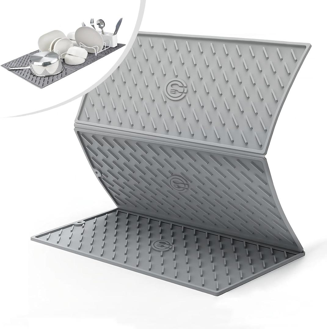 Dish Drying Mat, Silicone Drying Mat for Kitchen Counter, Collapsible Trifold Large Silicone Drying Mat, Dish Pads for Drying Multiple Usage, Easy Clean, Heat-Resistant, BPA Free(2416in) (Gray-with pattern)