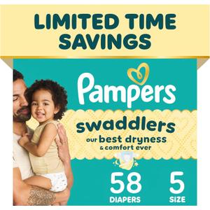 Pampers Swaddlers Diapers, Size 5 (20-37 lbs), 58 Count, Absorbent, Keeps Baby Dry and Comfortable, Skin Safe Disposable Baby Diaper