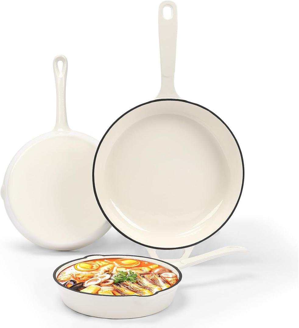 Nonstick Enameled Cast Iron Cookware - 3 enameled cast iron skillet 8-Inch, 9.5" Frying Pan & 11-Inch Large Cookware, Healthy Non Toxic Cooking Pan, PFOA PFAS PTFE Free, White