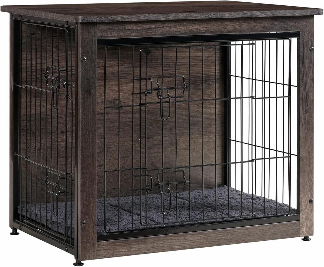 DWANTON Dog Crate Furniture with Cushion, Wooden Kennel Table with Double Doors, Indoor Dog House, Small/Medium/Large/Extra Large Size, 27.2" L, Dark Gray