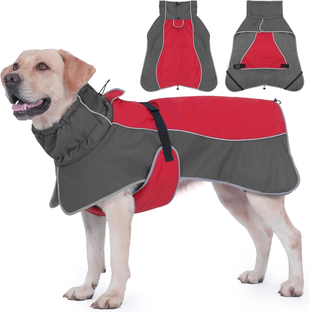 Dog Raincoat, Waterproof Dog Coat with Reflective Straps, Leash Hole & Polar Fleece Lining, Winter Snow Rain Coat for Small, Medium & Large Dogs, Warm, Windproof Vest Jackets L